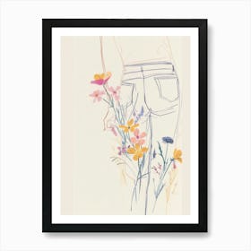 Blue Jeans Line Art Flowers 6 Art Print