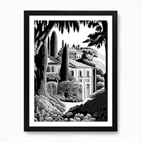 Villa Lante, 1, Italy Linocut Black And White Vintage Art Print