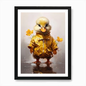 Duckling In A Yellow Raincoat With Flowers 2 Art Print