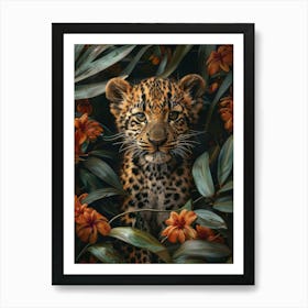 A Happy Front faced Leopard Cub In Tropical Flowers 8 Art Print