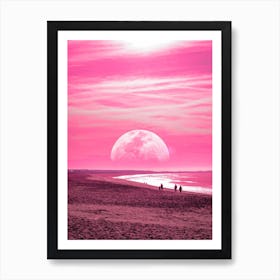 Pink Moon On The Beach Art Print