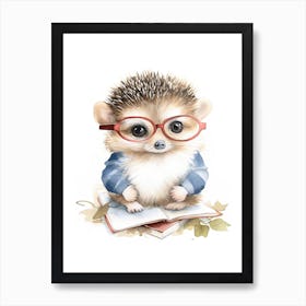 Smart Baby Hedgehog Wearing Glasses Watercolour Illustration 3 Art Print