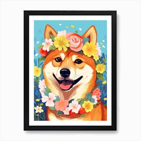 Shiba Inu Portrait With A Flower Crown, Matisse Painting Style 2 Art Print