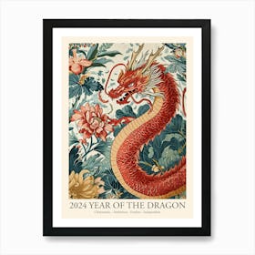 Lunar Year Of The Dragon 2024 Red Dragon Art Chinese Zodiac Blue Flowers Art Print