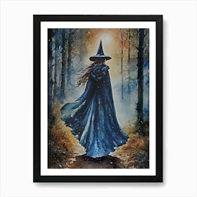 Midnight Witch at Dusk on a Full Moon - Watercolor Witchy Art for Witchcraft Feature Wall - Wicca Pagan Fairytale Goth Dark Aesthetic Lunar Goddess Magick Walking Through the Woods at Night HD Art Print