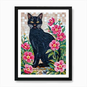 Black Cat With Pink Roses Art Print