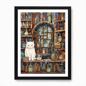 Mosaic White Cat In Alchemy Art Print