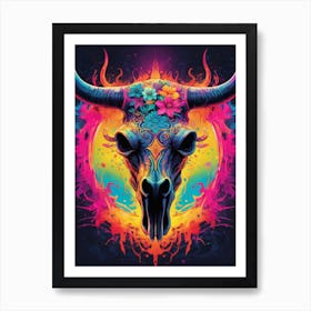Floral Bull Skull Neon Iridescent Painting (7) Art Print