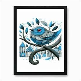 Chipper Blue Bird On A Branch Art Print