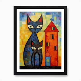 Two Patchwork Black Cats Next To A Tower Art Print