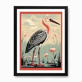 Vintage Bird Linocut Stork 2 Art Print