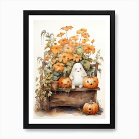 Cute Bedsheet Ghost, Botanical Halloween Watercolour 32 Art Print