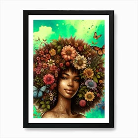 Afro, afro woman, thick, kinky, butterflies, flowers, melanated, Melanin, hair , African woman Art Print