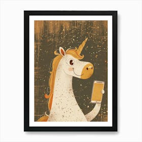 Unicorn With A Smart Phone Muted Pastels Mustard 2 Art Print