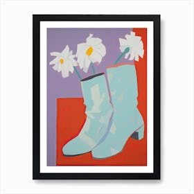 A Painting Of Cowboy Boots With Daisies Flowers, Pop Art Style 2 Art Print