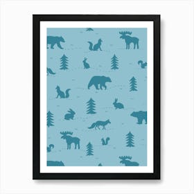 Forest Animals - Blue and Teal Wild Animals and Pine Trees Art Print