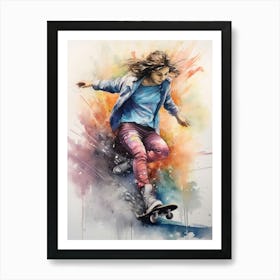 Girl Skateboarding In Montreal, Canada Watercolour 4 Art Print