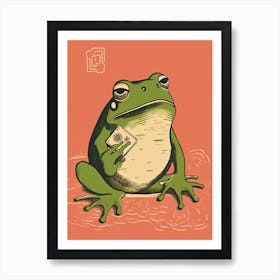 Frog With A Card, Matsumoto Hoji Inspired Japanese Green And Pink 5 Art Print