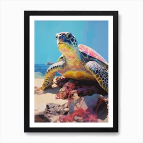 Modern Pastel Turtle Illustration With Plants 1 Art Print