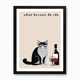 Chat Buvant Du Vin - Cat Drinking Wine Art Print