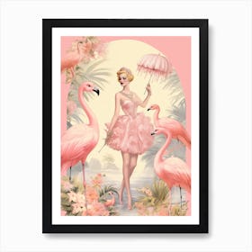 Vintage Pink Flamingo Woman Illustration Kitsch 3 Art Print