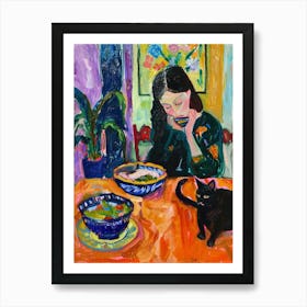 Girl With Cats Eating Noodles Art Print