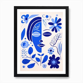 Blue Flowers And A Woman'S Face Art Print