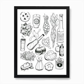 Fruits And Vegetables Black And White Line Art 2 Art Print