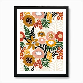 Paper Cut And Doodle Floral Collage Gold Red Green Peach Art Print