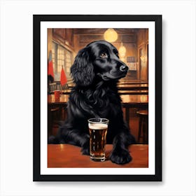 Flat-coated Retriever Watercolor Portrait Drinking Beer in a Pub Flatty Art Print