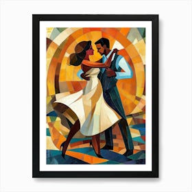 Latin American Hispanic Male And Female Couple Dancing The Ballroom Calypso Dance Shown In An Abstract Cubist Art Print