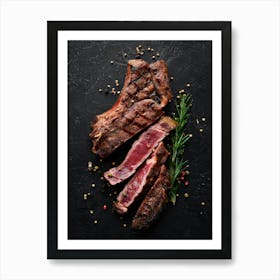 BBQ, Grilled steak on a bone — Food kitchen poster/blackboard, photo art Art Print