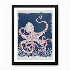 Navy Blue & Maroon Detailed Octopus 4 Art Print