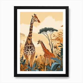 Modern Illustration Of Two Giraffes In The Sunset 4 Art Print