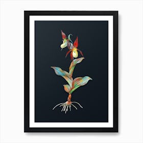 Vintage Lady's Slipper Orchid Botanical Watercolor Illustration on Dark Teal Blue n.0162 Art Print