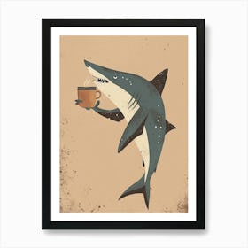 Shark Drinking Coffee Muted Pastels 1 Art Print