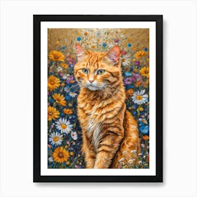 Klimt Style Ginger Orange Tabby Cat in Colorful Garden Flowers Meadow Gold Leaf Painting - Gustav Klimt and Monet Inspired Textured Acrylic Palette Knife Art Daisies Poppies Amongst Wildflowers Beautiful HD High Resolution Art Print