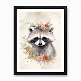 Floral Baby Raccoon Watercolour 3 Art Print