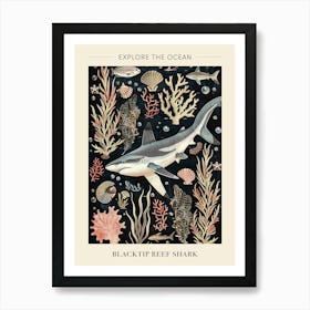 Blacktip Reef Shark Seascape Black Background Illustration 3 Poster Art Print