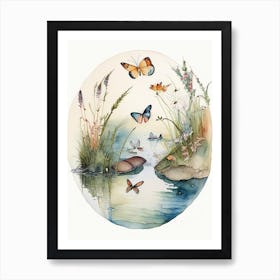 Butterflies On Lake Watercolour Ink 1 Art Print