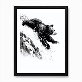 Malayan Sun Bear Cub Sliding Down A Snowy Hill Ink Illustration 2 Art Print