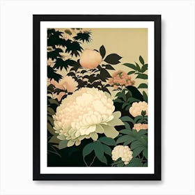 Japanese Peonies In A Garden 3 Vintage Sketch Art Print