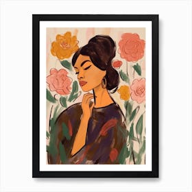 Woman With Autumnal Flowers Rose 1 Art Print