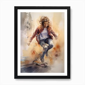 Girl Skateboarding In Warsaw, Poland Watercolour 3 Art Print