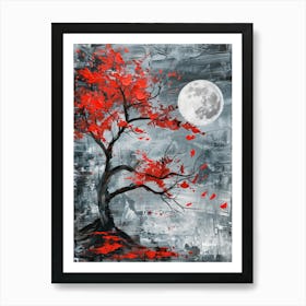 Red Tree With Moon Art Print