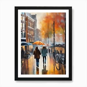 Amsterdam cafes, autumn season, rain, autumn oil colours.Faded colours,People passing on the street, winter clothes, rain umbrellas.2 4 Art Print