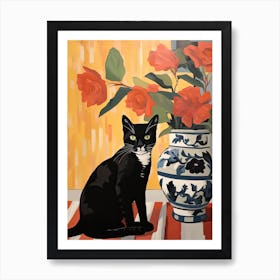 Camellia Flower Vase And A Cat, A Painting In The Style Of Matisse 0 Art Print