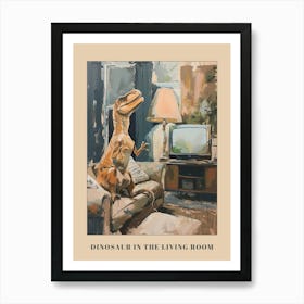 Dinosaur In The Living Room With A Tv Poster Art Print