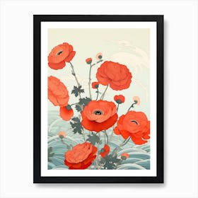 Great Wave With Ranunculus Flower Drawing In The Style Of Ukiyo E 4 Art Print