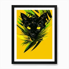 Black Cat In Leaves Art Print